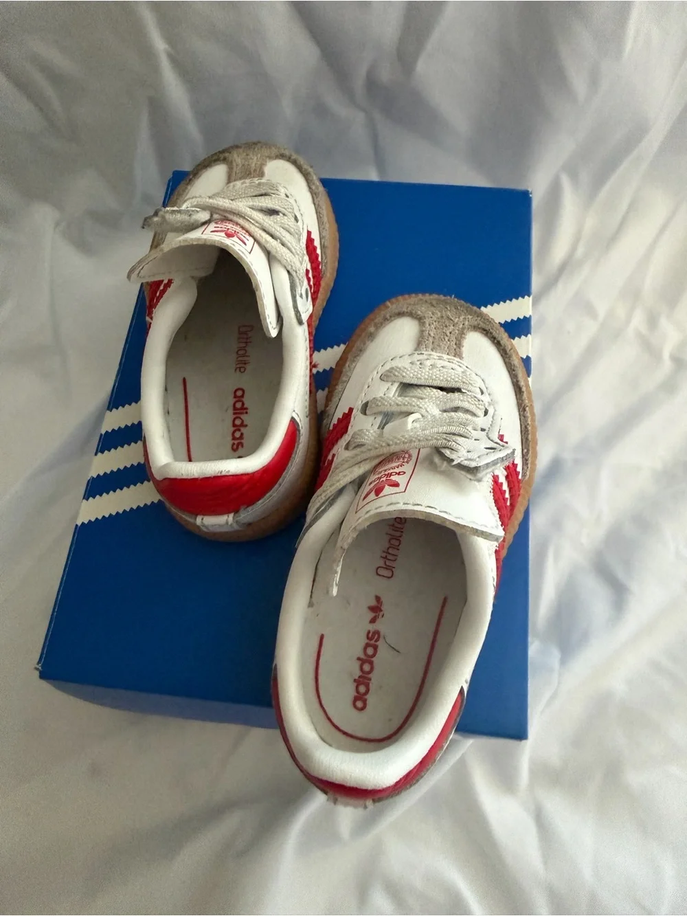 adidas Kids White Sneakers with Red Three-Stripes and Gum Sole